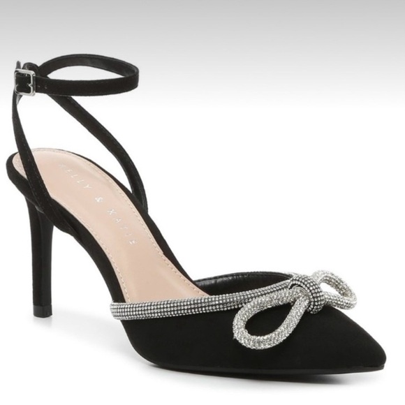 Kelly & Katie Shoes - Kelly & Katie Black Blaken Pump Heels Silver Bows Cocktail Party Formal Shoes 7